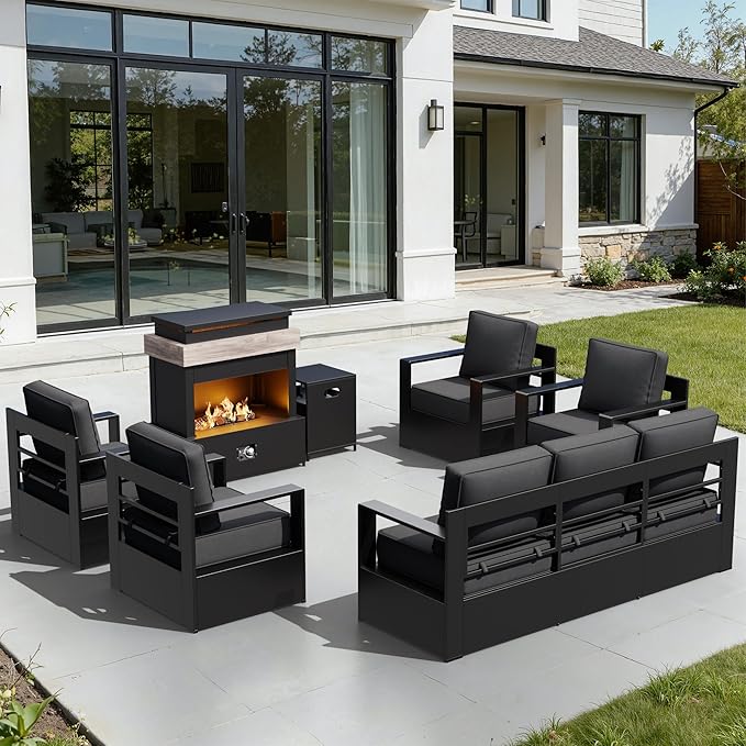 Outdoor Aluminum Furniture Set, 6-Piece Patio Conversation Set, 4 Chairs 1 Sofa and 1 Fireplace, All-Weather Metal Frame, 6" Thick Removable Cushions, Deep Setting for Garden, Poolside and Porch