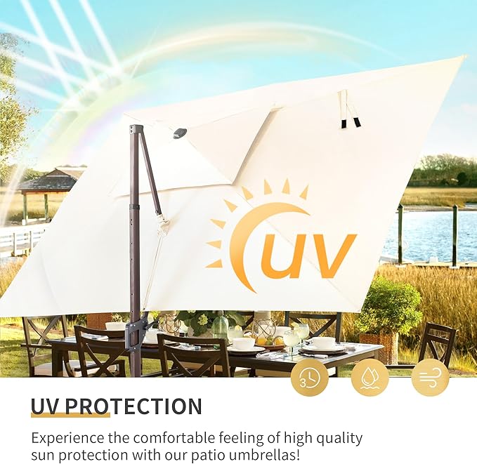 JZAC & QZYD 9x12 FT Outdoor Cantilever Patio Umbrella with LED Lights, Large Heavy Duty 2-Tier Aluminum Offset Umbrellas with 360-Degree Rotation for Pool Deck, Beige