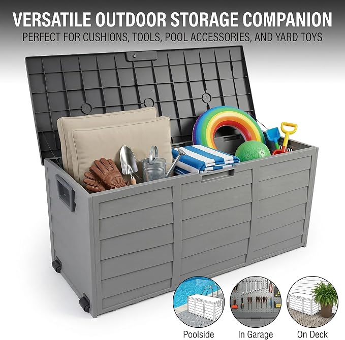75 Gallon Outdoor Storage Box, 260L Waterproof Resin Deck Box for Patio Furniture Cushions, Garden Tools and Yard Accessories, Lockable Storage Chest with Wheels and Handles (Black+Brown)