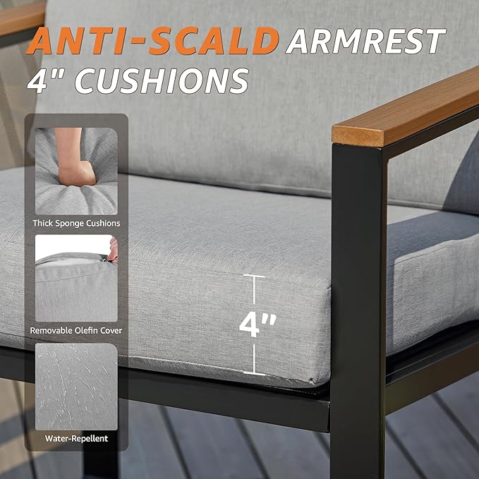 NATURAL EXPRESSIONS 4 Pieces Patio Furniture Sets,Outdoor Metal Sectional Furniture Modern Patio Conversation Set,Fauxwood Anti-Scald Armrest,Sling Mesh,Tempered-Glass Table,4" Olefin Cushions