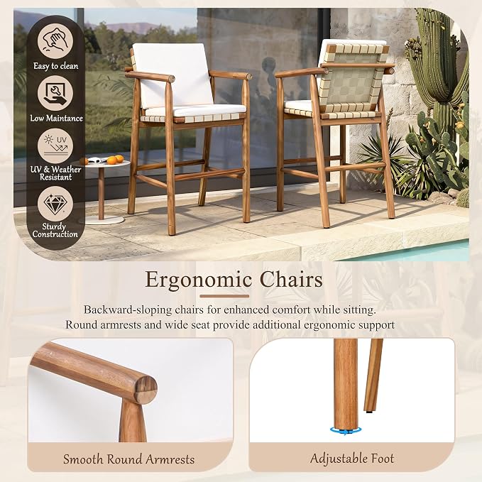 6 Piece Outdoor Bar Set for 4, 2 Patio Acacia Wood Bar Height Table & 4 Stools with Removable Cushions, Wood Dining Bar Set with Adjustable Feet for Patio, Balcony, Poolside, Beige+Natural
