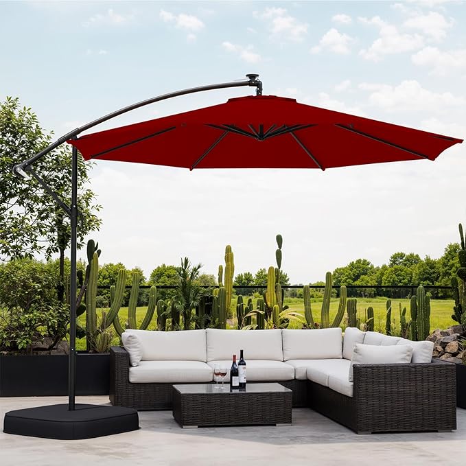 EROMMY 10FT Patio Umbrella with Base Included, Outdoor Offset Cantilever Umbrella, Infinite Tilt, Crank and Cross Base, UV Protection for Backyard, Lawn, Garden & Pool