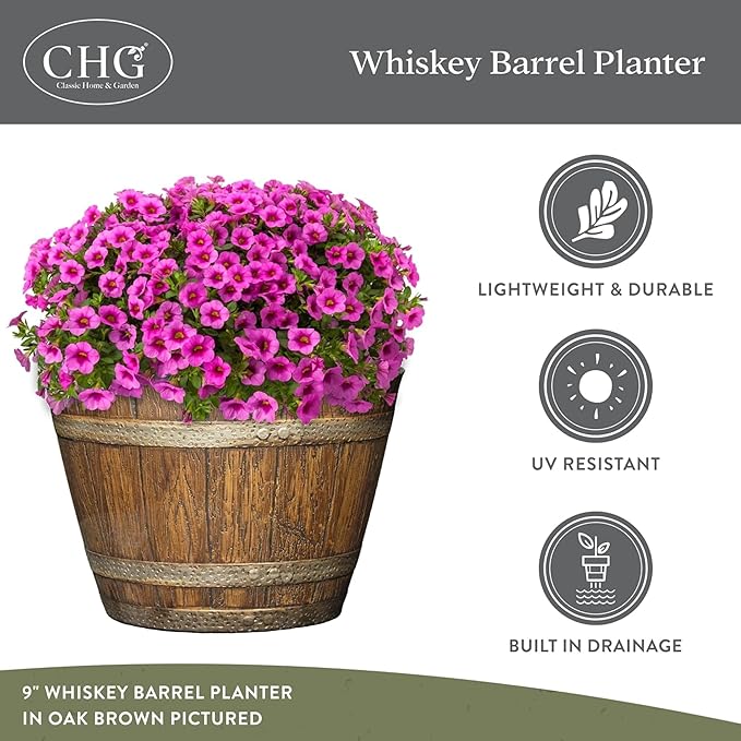 Classic Home and Garden Outdoor Round Whiskey Resin Flower Pot Barrel Planter, Distressed Oak Brown, 15" (Pack of 2)