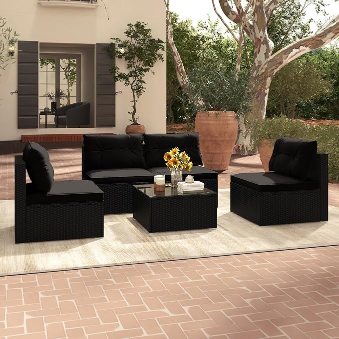 RELAX4LIFE 5-Piece Outdoor Patio Furniture Set, Rattan Sectional Sofa Set w/Glass-Top Coffee Table, Soft Seat & Back Cushions, Bistro Set for Garden Backyard Porch, Wicker Conversation Set (Dark)