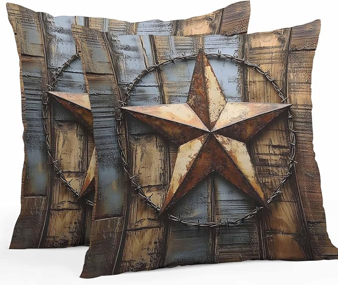 Rustic Star Brown Waterproof Outdoor Pillow Covers Set of 2 Home Decor, Vintage Farmhouse Wooden Grain Art Pillowcase Patio Pillow Covers for Couch Bench Furniture Garden 26x26in