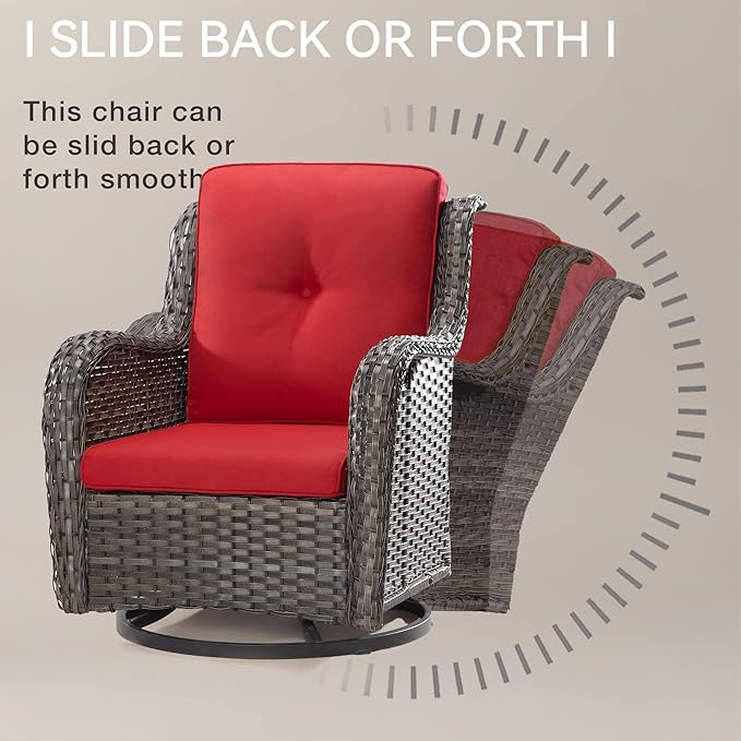 Outdoor Swivel Rocker Wicker Chair, High Back Swivel Patio Chair with OIefin Cushions (Mixed Grey/Red)