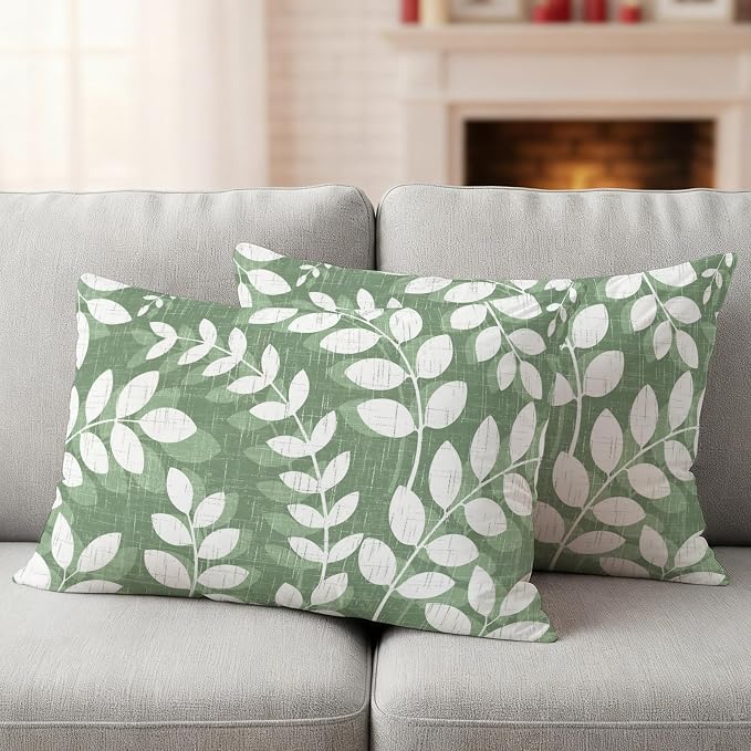 Green Leaves Outdoor Waterproof Throw Pillow Covers 20x12 Set of 2, Farmhouse Botanical Branch Vintage Boho Leaf Decorative Pillowcases Cushion Pillowcase for Couch Sofa Patio Outside Pillow Protector