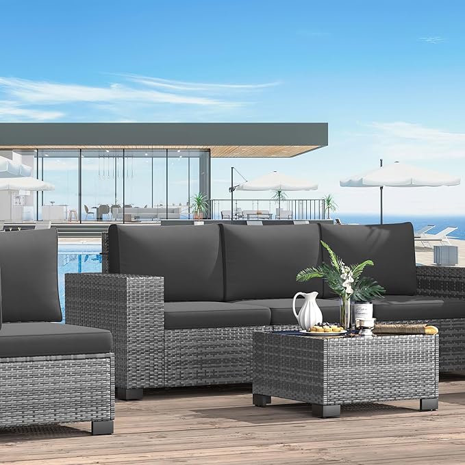 Patio Furniture Set, 8 Pieces Outdoor Sectional Sofa Conversation Sets with Waterproof Cover Modern Wicker Seating Set, 4'' Thickened Cushions 1 Glass Coffee Table 2 Armless Sofas, Grey