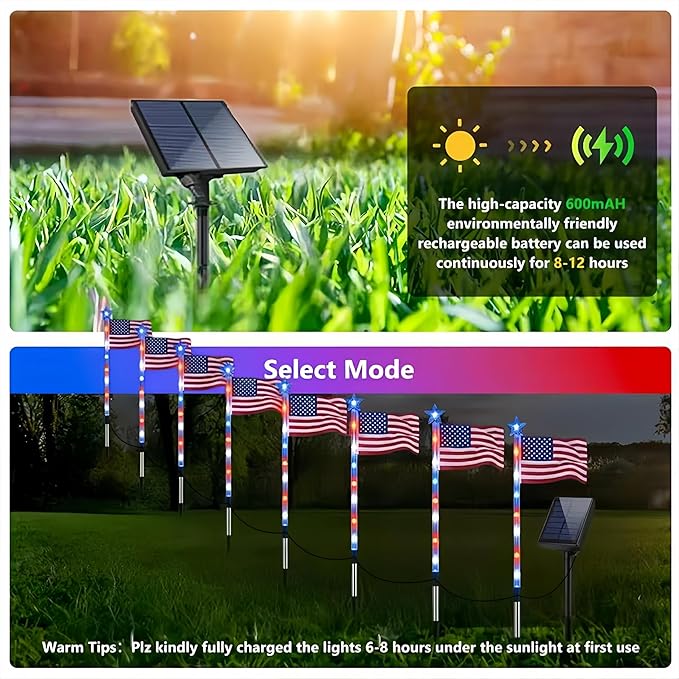 4th of July Decorations Outdoor, 8 Piece Flag Light Set with Timer, Red White and Blue Solar Pathway Lights, American Flag Yard Garden Lights IP65 Waterproof(8-Piece Flag Light Set)