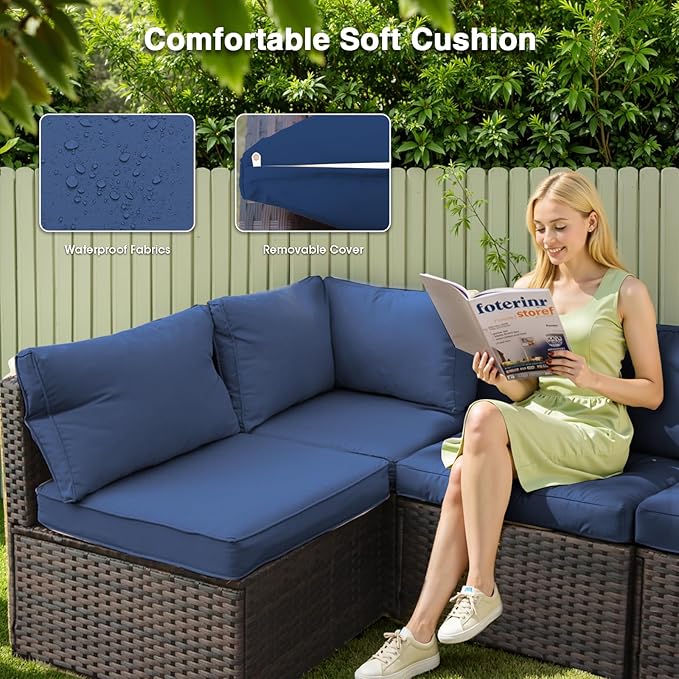 14 Piece Patio Furniture Set with Fire Pit Table All Weather PE Rattan Outdoor Sectional Sofa Couch with No-Slip Cushions and Glass Top Table for Garden, Poolside, Backyard (Blue)