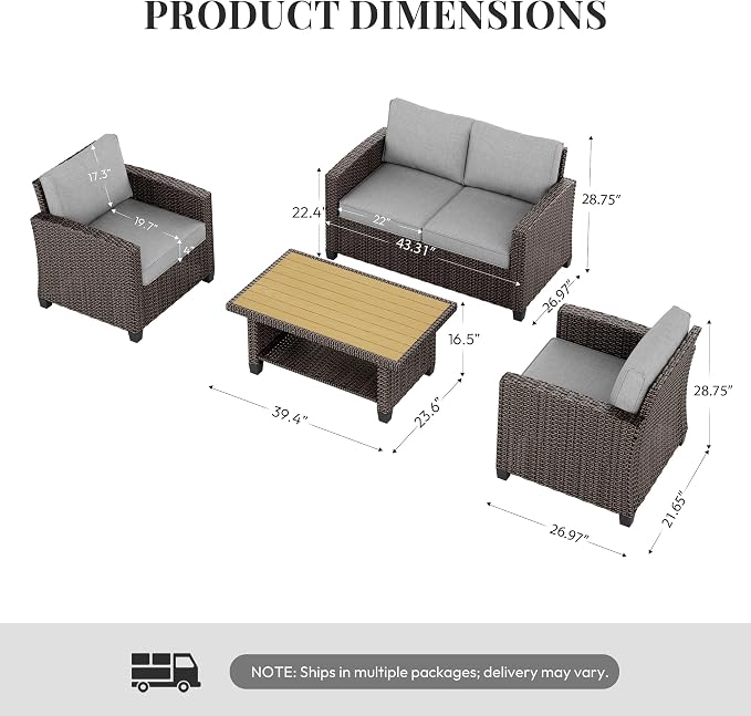 WWR Furniture Set-30% Thicker Wicker-Luxury 4 Piece PatioWicker Outdoor Patio Conversation Set with Extra Wide & Thick Cushions, Armchair Loveseat & 3-Seat Sofa for Backyard, Porch & Deck