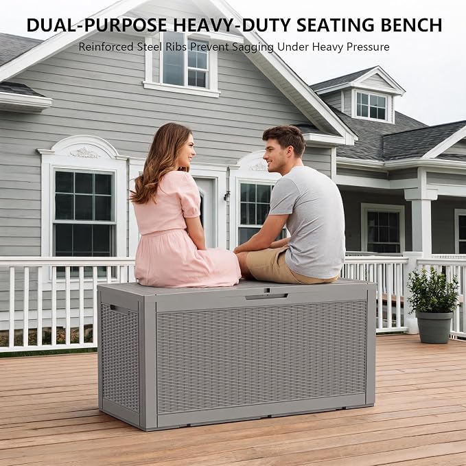 Outdoor Storage Box, 110 Gallon Waterproof Deck Box [Upgraded 3.0], Auto-Open Gas Struts Resin Organizer for Lounger Pillows, Secure Lockable Backyard Storage Bench, Poolside Deck, Grey