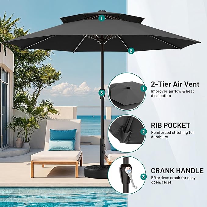 AreShark 12ft 2 Tiers Patio Umbrella - Outdoor Umbrella Waterproof UV Protection, Market Table Umbrella w/ 8 Sturdy Ribs&Crank for Pool, Porch, Garden(Black)