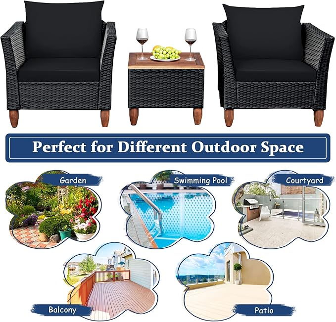 COSTWAY 3 Pieces Patio Rattan Furniture Set, Outdoor Wicker Conversation Chairs Set with Acacia Wood Coffee Table & Washable Cushion, Porch Furniture Bistro Set for Balcony, Garden, Backyard, Black