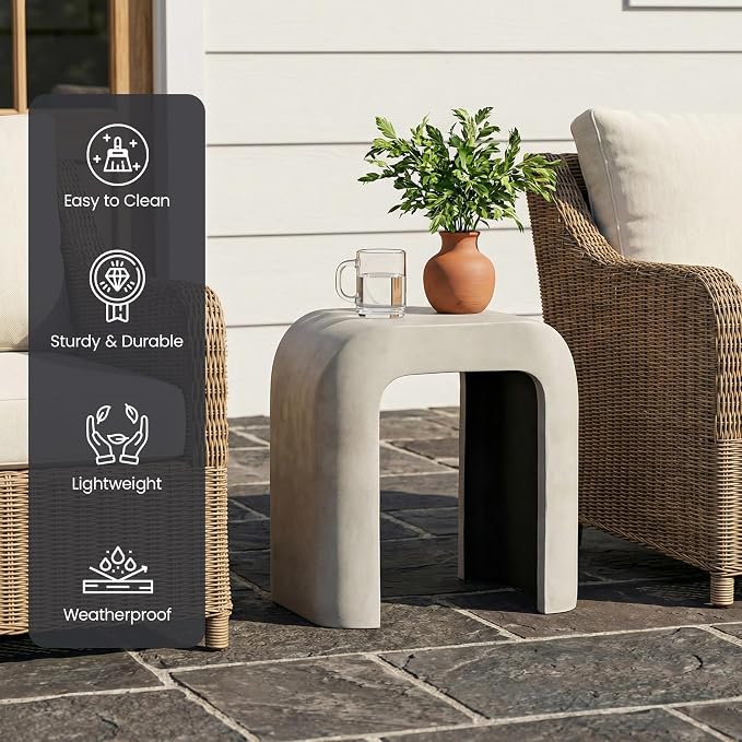 HOMPUS Outdoor Side Table w U-Shaped, Concrete Side Table Lightweight, Round Patio MgO Coffee End Table, Modern Accent Vintage Garden Stand for Indoor Outdoor Use, Grey
