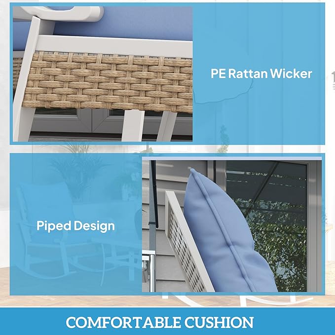 Outsunny 4 Piece Patio Furniture Set for Backyard, Lawn and Pool, Outdoor Conversation Set with Loveseat Sofa, Rocking Chairs, Coffee Table, Light Blue