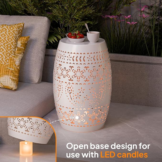 Iron Side Table for Outdoor Porch - White Cute Round Hollow Drum End Tables - Small Decorative Round Accent Table for Balconies or Patios