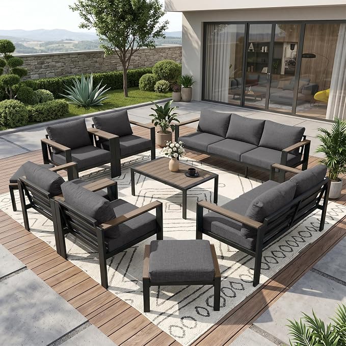 Outdoor Patio Furniture Set 9 Pieces Luxury Aluminum Patio Conversation Set with Coffee Table and 2 Ottoman 11 Seats, Thick Cushions, Large Sectional Sofa for Porch, Balcony, Yard, Dark Gray