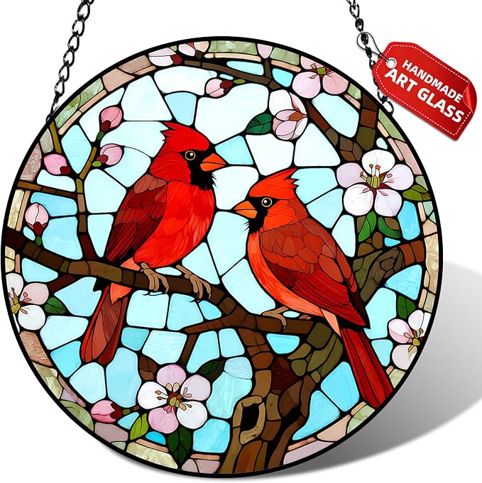 Cardinal Pair Stained Glass Suncatcher Window Hanging Bird Memorial Gift | 6.3in Garden Sun Catcher, Red Cardinals Patio Decor, Gifts for Mom Grandma Bird Lovers & Valentine Day, Christmas Ornaments