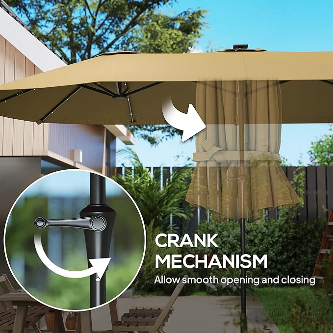 Outsunny 13ft Large Patio Umbrella with Solar Lights, Rectangular Double-Sided Outdoor Market Umbrella with Crank Handle and 48 LED Bulbs for Garden, Pool and Backyard, UPF 30+