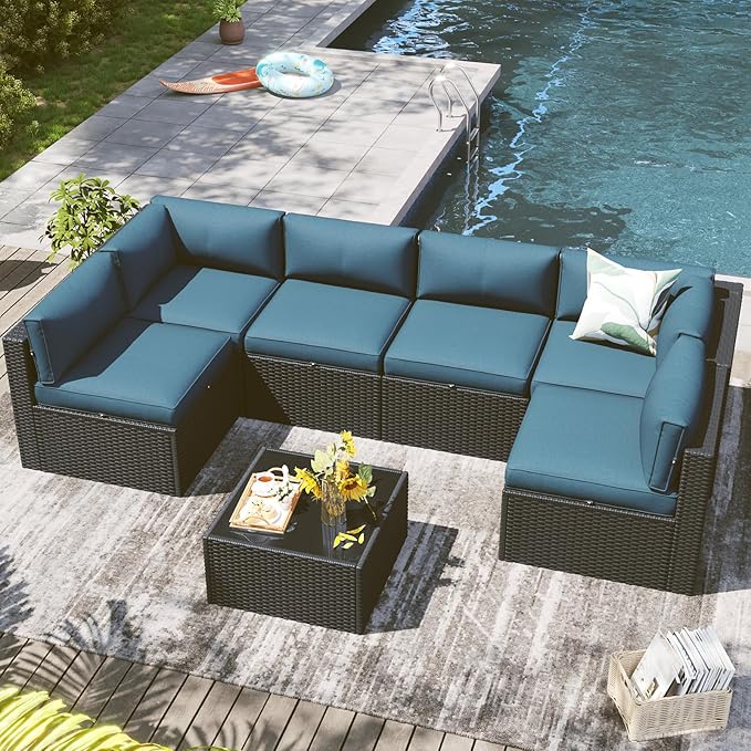 LazySunsets 7 Piece Outdoor Patio Furniture Set with Coffee Table, Outdoor Patio Furniture Sets with Waterproof Cover and 4'' Cushion, Wicker Rattan Outdoor Conversation Set for Backyard, Peacock Blue