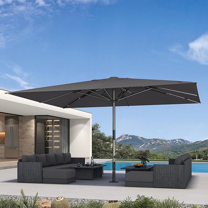 PURPLE LEAF 13 x 16 FT Extra Large Commercial Rectangle Patio Market Table Sun Umbrella Heavy-Duty with Semi-Auto Open Maximum Coverage for Restaurant Hotel Resort Cafe Poolside and Garden Business Use Grey