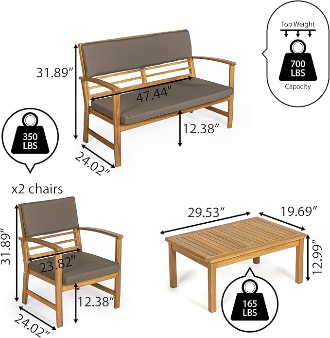 JONATHAN Y LVG1000B-4SET Barclay 4-Piece Modern Coastal Acacia Wood Conversation Outdoor Patio Set with Cushions Transitional, Classic, Traditional, Vintage, Mid-Century, Dark Gray/Teak Brown