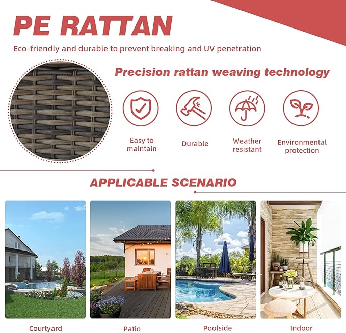 EROMMY 5 Pieces Outdoor Swivel Rocker Patio Chairs, 360 Degree Rocking Patio Conversation Set with Thickened Cushions, Glass Coffee Table and Ottomans for Backyard, Wine Red