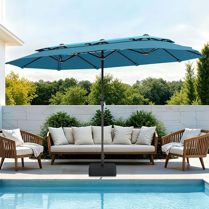 PHI VILLA 13ft Large Patio Umbrellas with Base Included, 2-Tier Double-Sided Outdoor Market Rectangle Umbrella for Outside, Blue & Cerulean