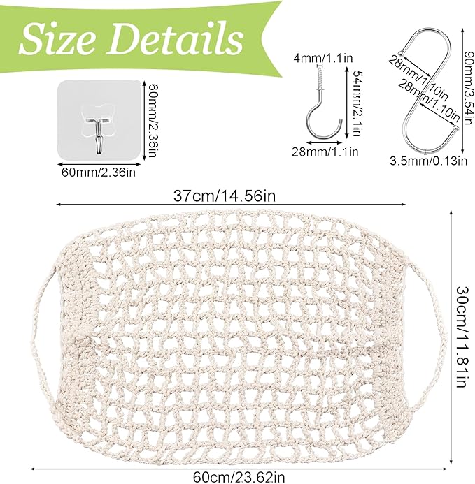 Fruit Vegetable Hammock, 1 Set Beige Handmade Macrame Fruit Hammock with Hooks Cotton Fruit Holder Net Under Cabinet Hanging Fruit & Veggie Basket for Saving Kitchen Space