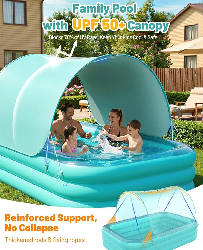 HeySplash Inflatable Pool with Canopy, Large Inflatable Swimming Pool for Adults & Kids, Blow Up Pool Thickened Family Pool for Outdoor Backyard Garden Party Summer Fun, 102" x 65" x 22"(Green)