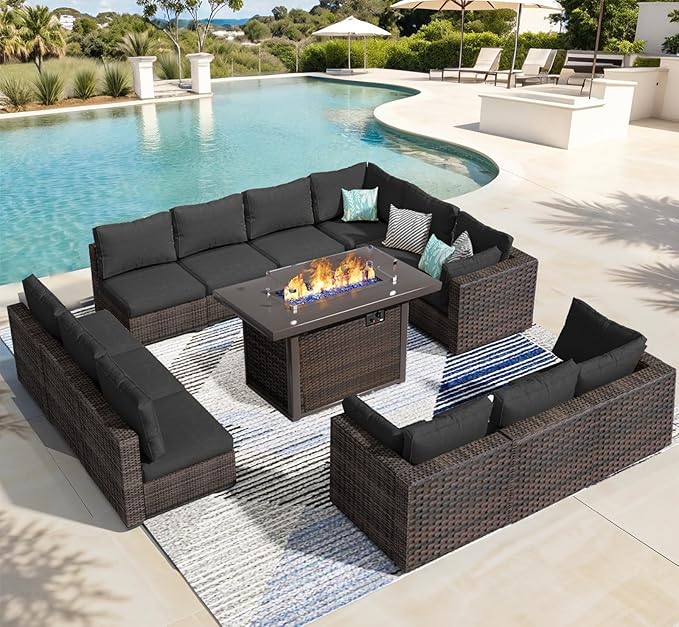 13 Piece Patio Furniture Set with Fire Pit Table All Weather PE Rattan Outdoor Sectional Sofa Couch with No-Slip Cushions for Garden, Poolside, Backyard (Black)