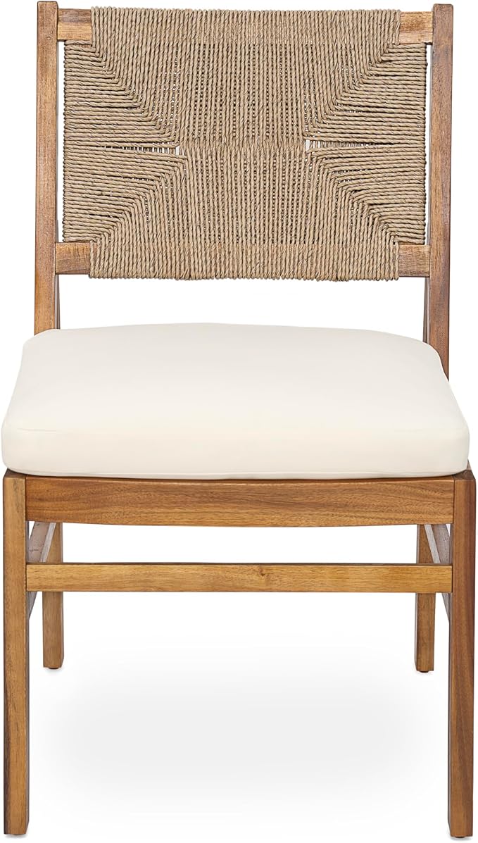 Christopher Knight Home 5 Piece Outdoor Dining Set Acacia Wood Square Table and 4 Light Brown Wicker Chairs with Cream Cushions Teak Finish Patio Furniture Set for Garden Backyard Balcony