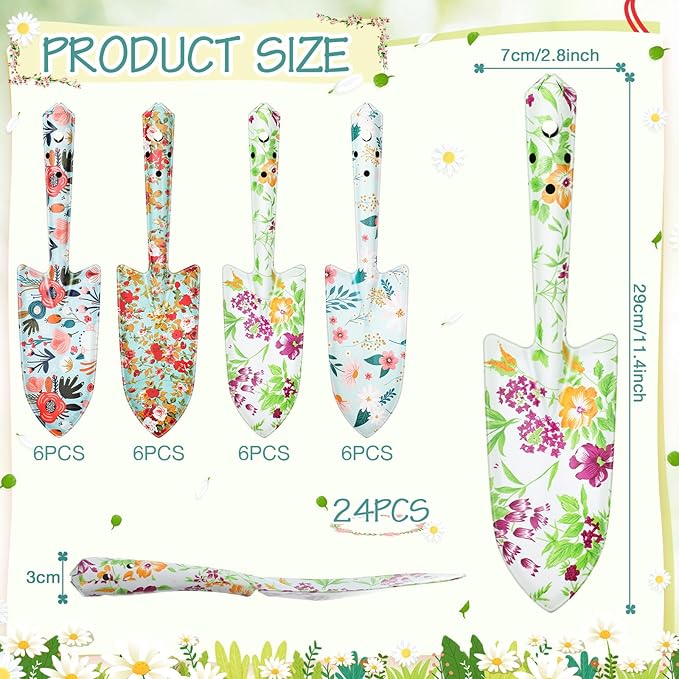 24 Pcs Floral Garden Shovels Bulk Gardening Gift for Women Heavy Duty Garden Tools Floral Hand Shovel for Mom Employees Birthday Thank You Gifts (Green Watercolor Flowers)