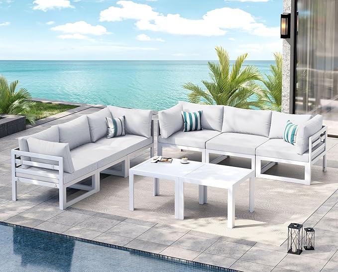 NICESOUL 8 Piece Large Luxury Aluminum Patio Conversation Set, 29" Deep Wide Comfortable Sitting, L Shaped Modular Sectional Couch, 500 lbs Heavy Duty All Weather Outdoor Sofa for Backyard, Light Gray