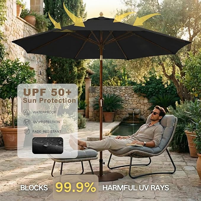 Kingdura 10FT Outdoor Patio Umbrella, Market Table Umbrella with Push Button Tilt and Crank, 8 Sturdy Fiberglass Ribs, UV Protection for Pool, Lawn, Deck, Backyard, Garden (Black)