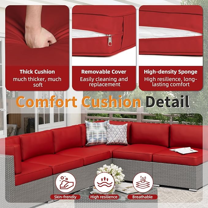 Oakcloud 7-Piece Outdoor Patio Furniture Sofa Set Grey Rattan Wicker Sectional Conversation Sets with Glass Top Table and Cushions(Red)