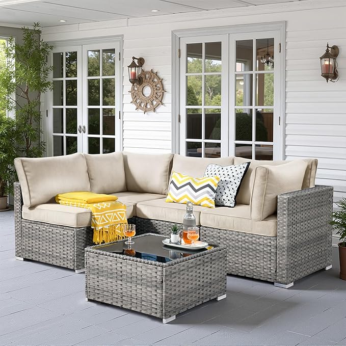 5 PCS Outdoor Patio Furniture Sets,Wicker Weather Resistant Patio Conversation Set with Comfy Cushions,Modular L Shaped Sofa with Coffee Table for Yard Backyard Porch Garden Poolside,Beige