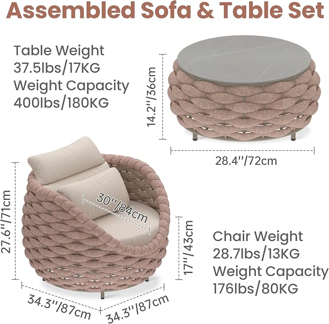3 Piece Outdoor Furniture Set: Aluminum Patio Conversation Sofa Set - Assembled Couch Armchair Table Set Cushioned - Hand Woven Rope Chair Set All Weather Indoor Deck Balcony Hotel, Terracotta