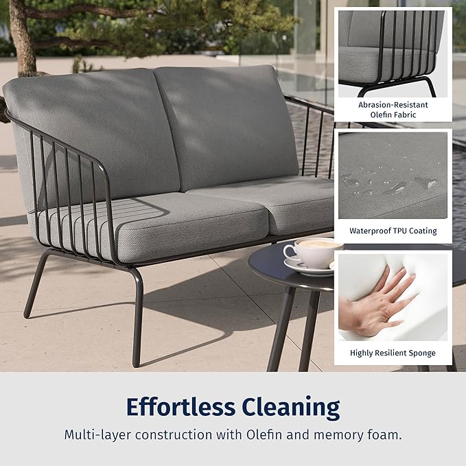 East Oak 4-Piece Plaza Patio Furniture Set, Outdoor Furniture with Thick Cushion Sofa and Coffee Table, Modern Patio Conversation Set for Balcony, Poolside and Yard, Black & Grey