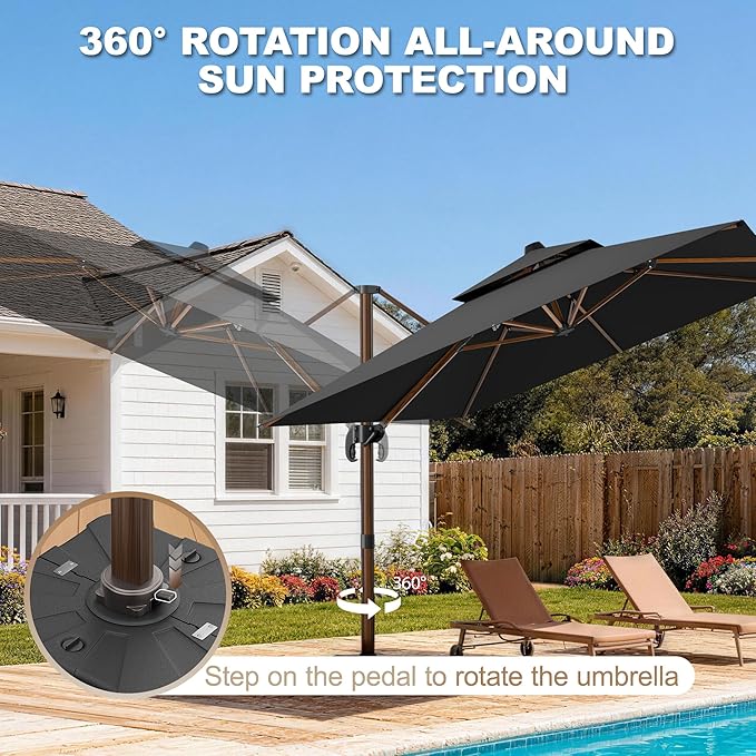 10x13FT Cantilever Outdoor Patio Umbrellas with Base, Double Top Wood Pattern Rectangle Umbrella, Heavy Duty 360°Rotation Offset Umbrella for Garden Deck Pool Patio, Black