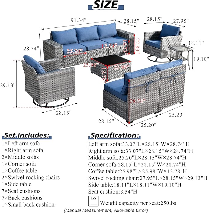 HOOOWOOO Outdoor Patio Sectional Furniture Sofa Set with Swivel Rocking Chairs,9 Piece Modern Wicker Couch with Widened Armrest,Modular Conversation Seating Set for Garden(Denim Blue)