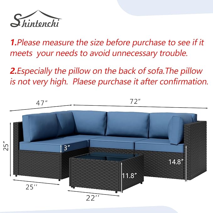 5 Piece Outdoor Patio Furniture Set,Black PE Rattan Wicker Sectional Sofa, All Weather Conversation Set with Washable Cushions & Glass Coffee Table for Backyard Poolside Garden Porch,Navy Blue