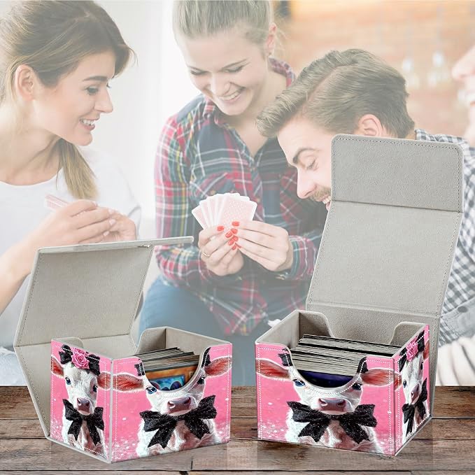 Card Deck Box for MTG, Cards Storage Box Fits 120+ Sleeved, Leather Small Size Strong Magnetic Closing Card Case for Board Games Magic TCG CCG Baseball Collection, Pink Flower White Cow