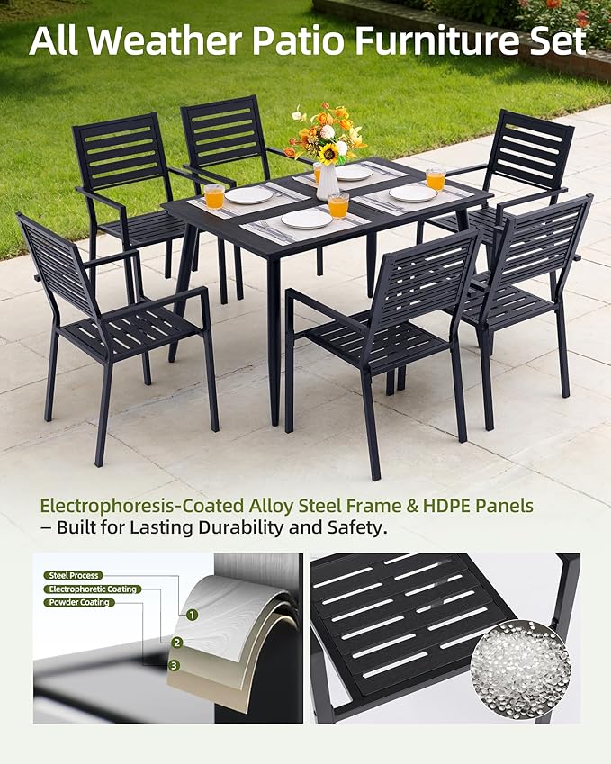 12-Piece Outdoor Dining Set - Two 47.25" HDPE Patio Tables and 10 Stackable Armrest Chairs - All-Weather Rust-Proof Steel Frame for Garden, Deck(Black)