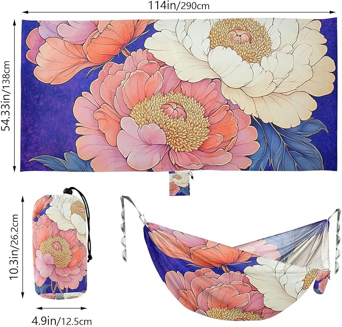 Beautiful Pink and White Peony Flowers 330lb Capacity Hammocks with Hanging Rope Cloth Hammock for Outside Beach Patio Garden Silla colgante para Patio Exterior