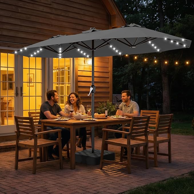 AreShark 13 FT Patio Umbrella with Solar Lights, Double-Sided Outdoor Table Umbrellas with Crank, Large Rectangular Market Umbrella for Porch, Lawn, Pool, Backyard, Gray