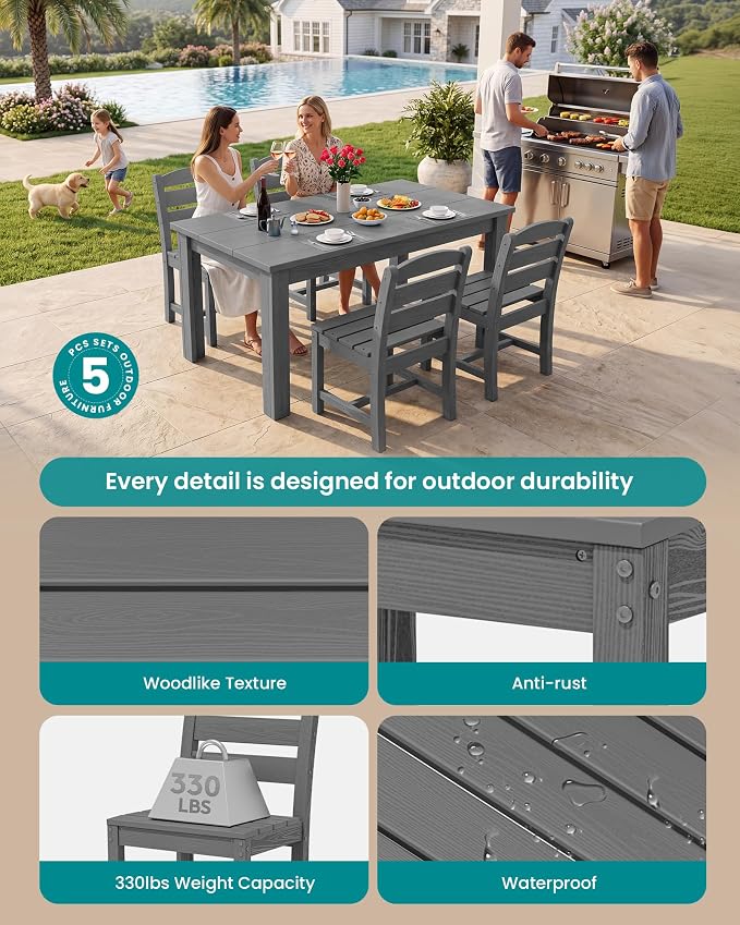 SERWALL 59" Outdoor Dining Set for 4, w/ 1 Table & 4 Armless Chairs, Gray | Armless Patio Dining Sets for All Weather Use