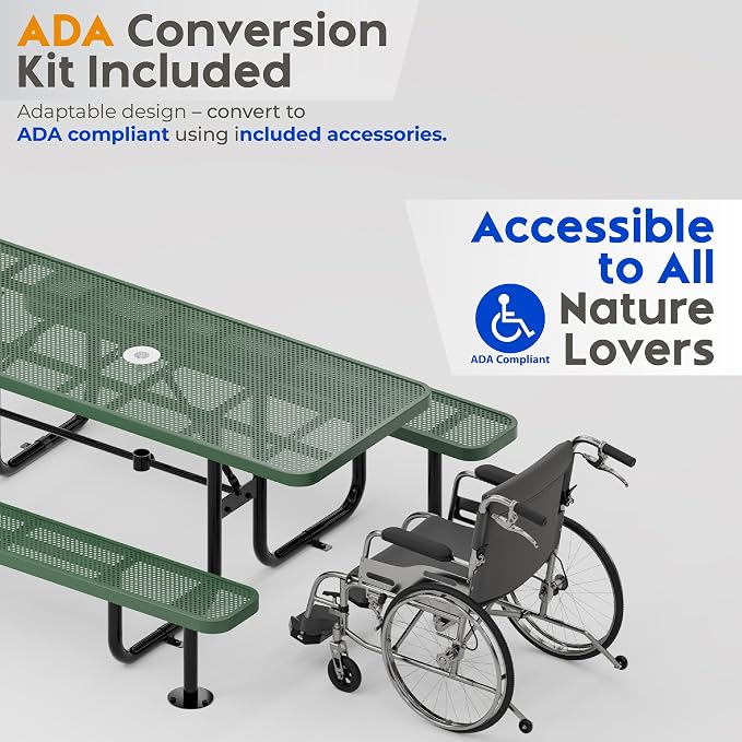 Commercial Heavy-Duty Metal Picnic Table - ADA Compliant, Adjustable Seats, Umbrella Hole (Green, 6' Rectangular, Punched Steel)