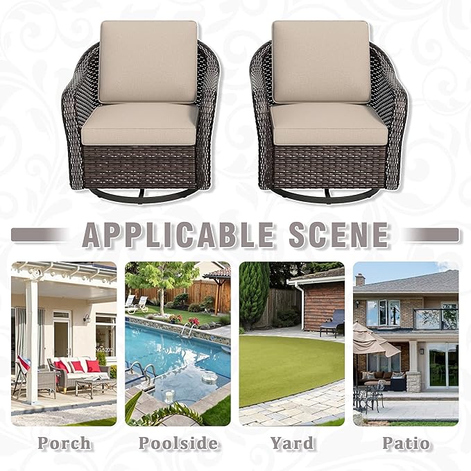 Outdoor Wicker Swivel Chair Set of 2, All-Weather Use Patio Rattan Chair with Seat and Back Cushion, Ideal for Porch, Backyard, Balcony, Poolside, Beige